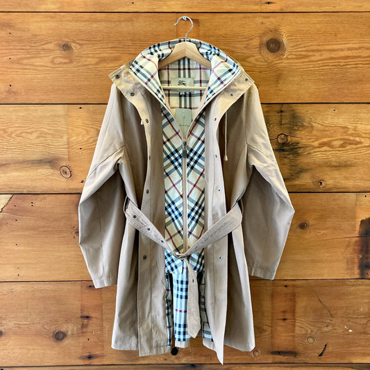 Burberry Tan Nova Check Lined Hooded Belted Snap Front Jacket - Size L - 0617MV