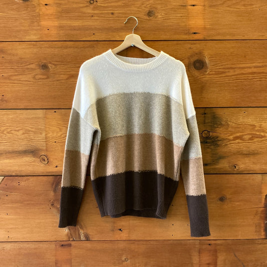 S/M - 27 Miles Ivory Brown Striped Pullover Crew Neck Cashmere Sweater 0224LJ