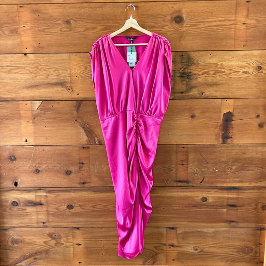 Nicole Miller $189 Pink Satin Ruched Side Slit Hailey Dress - Sz 16 NEW - 0826QM