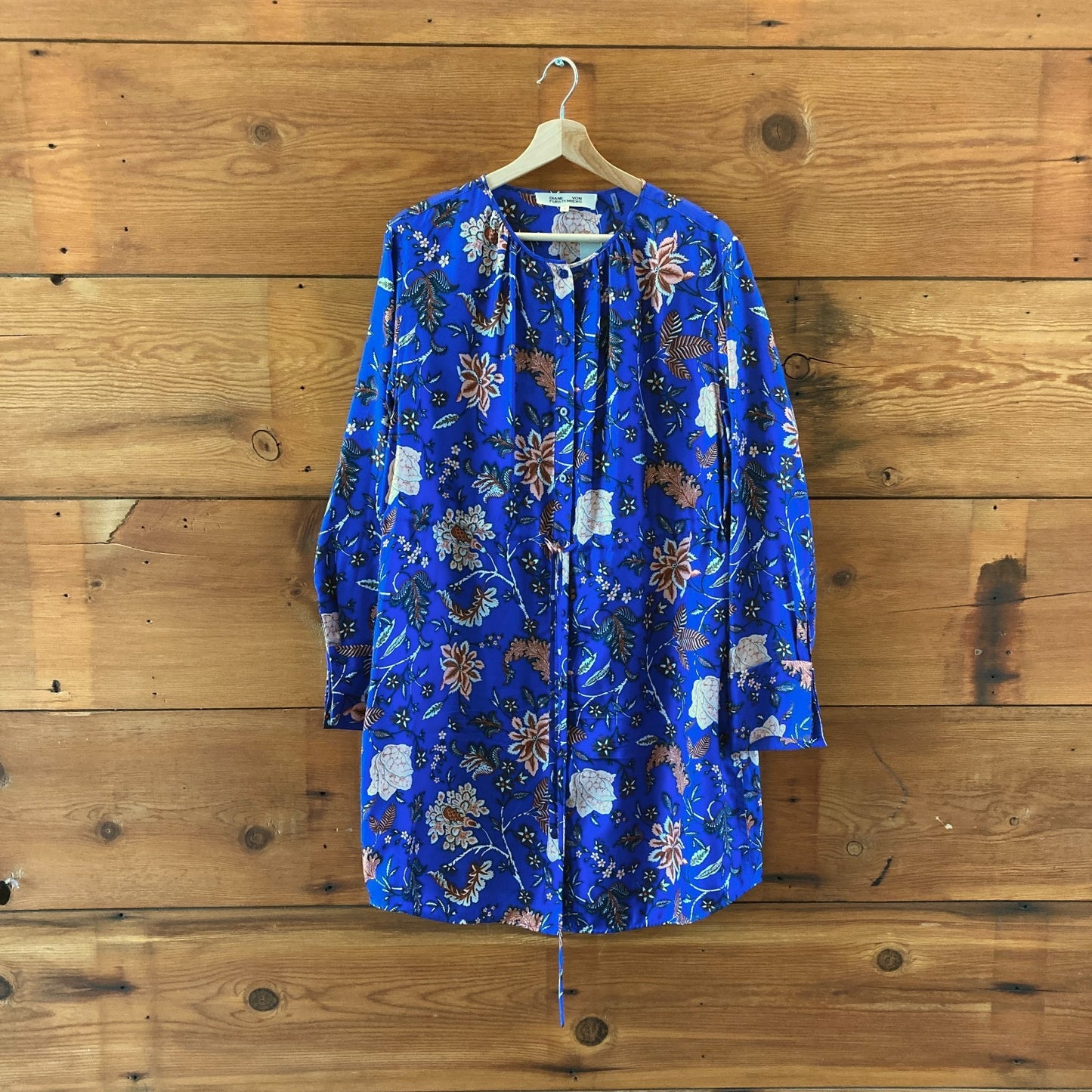 Diane von Furstenberg Navy Floral Silk Long Sleeve Wrap Dress - Size 10 - 0417DL