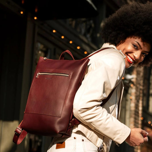 Portland Leather Goods $220 Cognac Burgundy Leather Top Zip Backpack - 0818KC