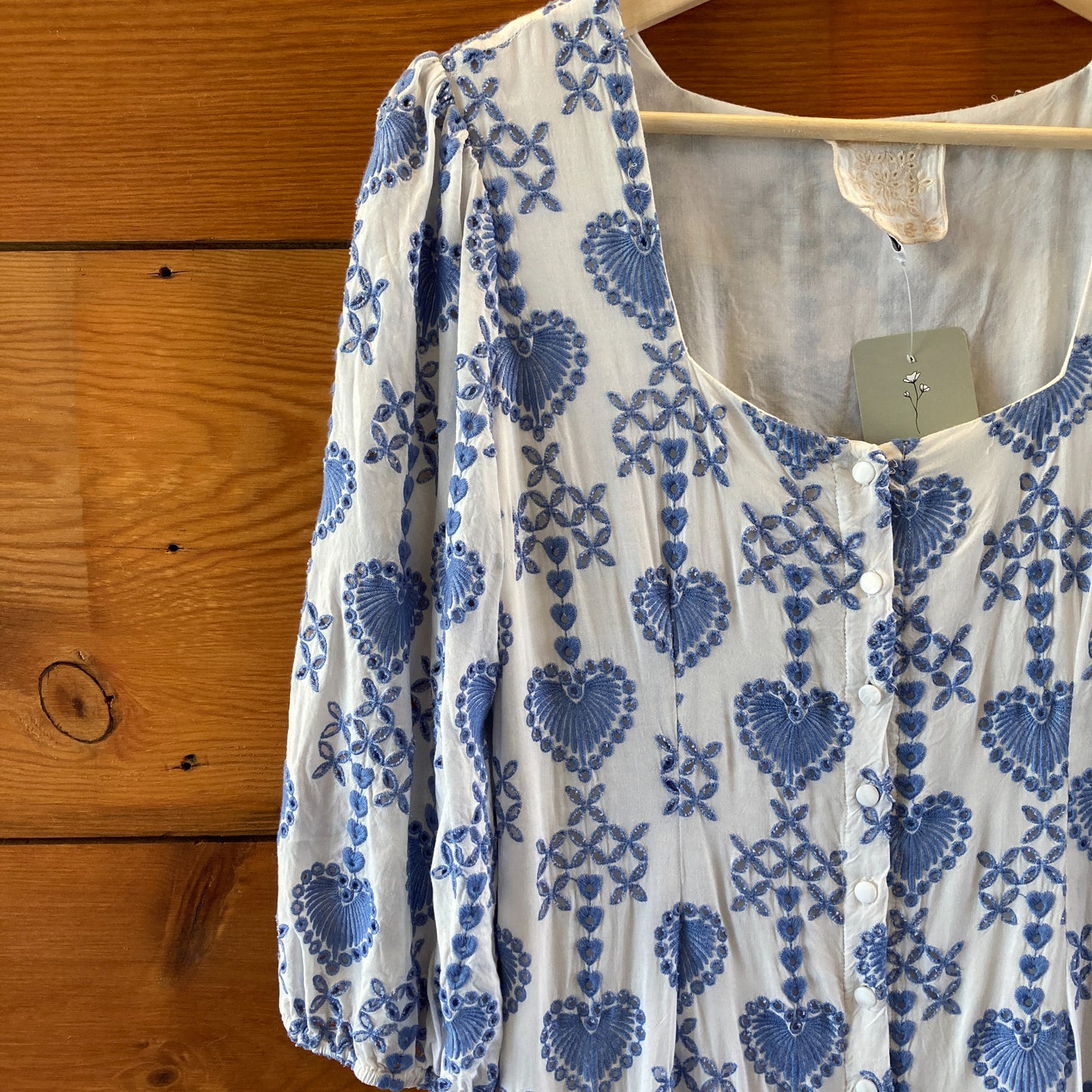Johnny Was Blue White Embroidered Heart Motif Beau Midi Dress - Size XS - 0514CP
