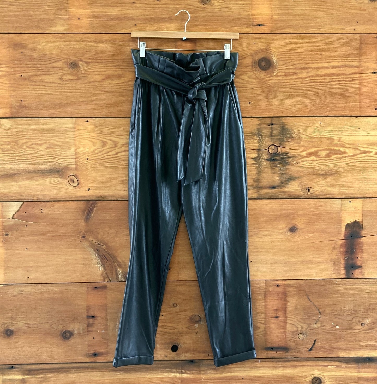 S - ONA by Yoon Chung Black Vegan Leather Tie Waist Tapered Pants 0705PE
