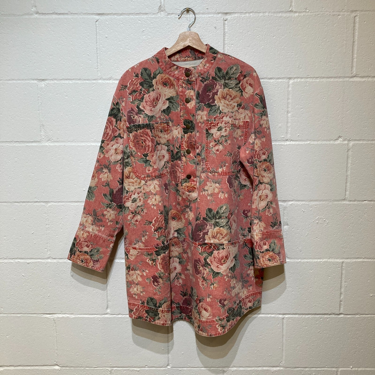 Sezane Pink Floral Salome Oversized Denim Patch Pocket Dress - Size 42 - 0206BS