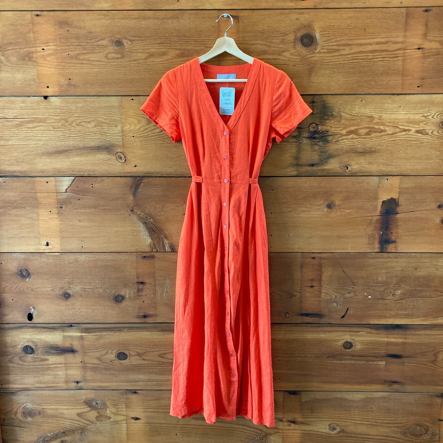 Liz Allig Poppy Red Orange Linen Midi Button Up Dress - Size S - 0607MK