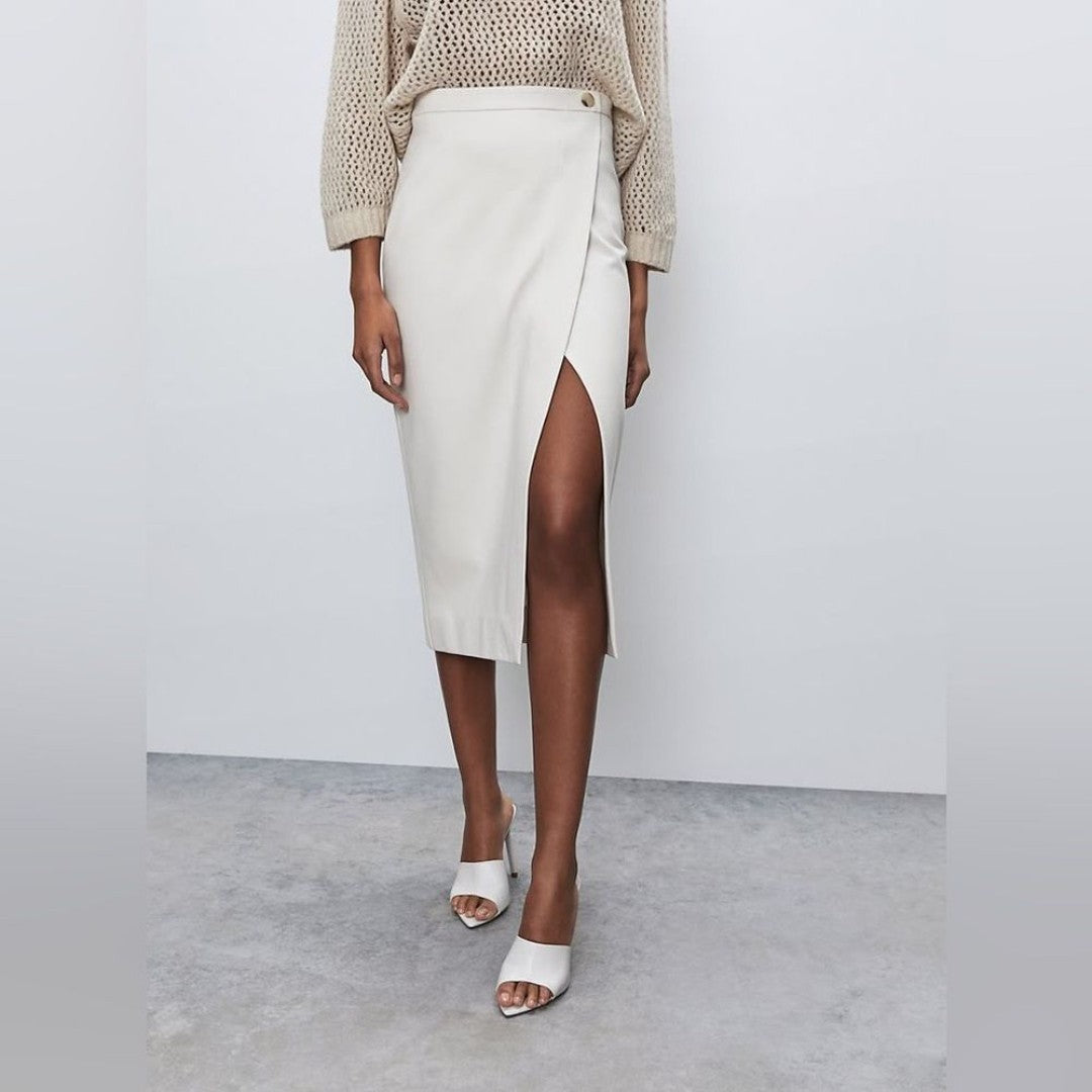 4 - Babaton Aritzia Bone White NEW Leona Faux Wrap Skirt 0518AF