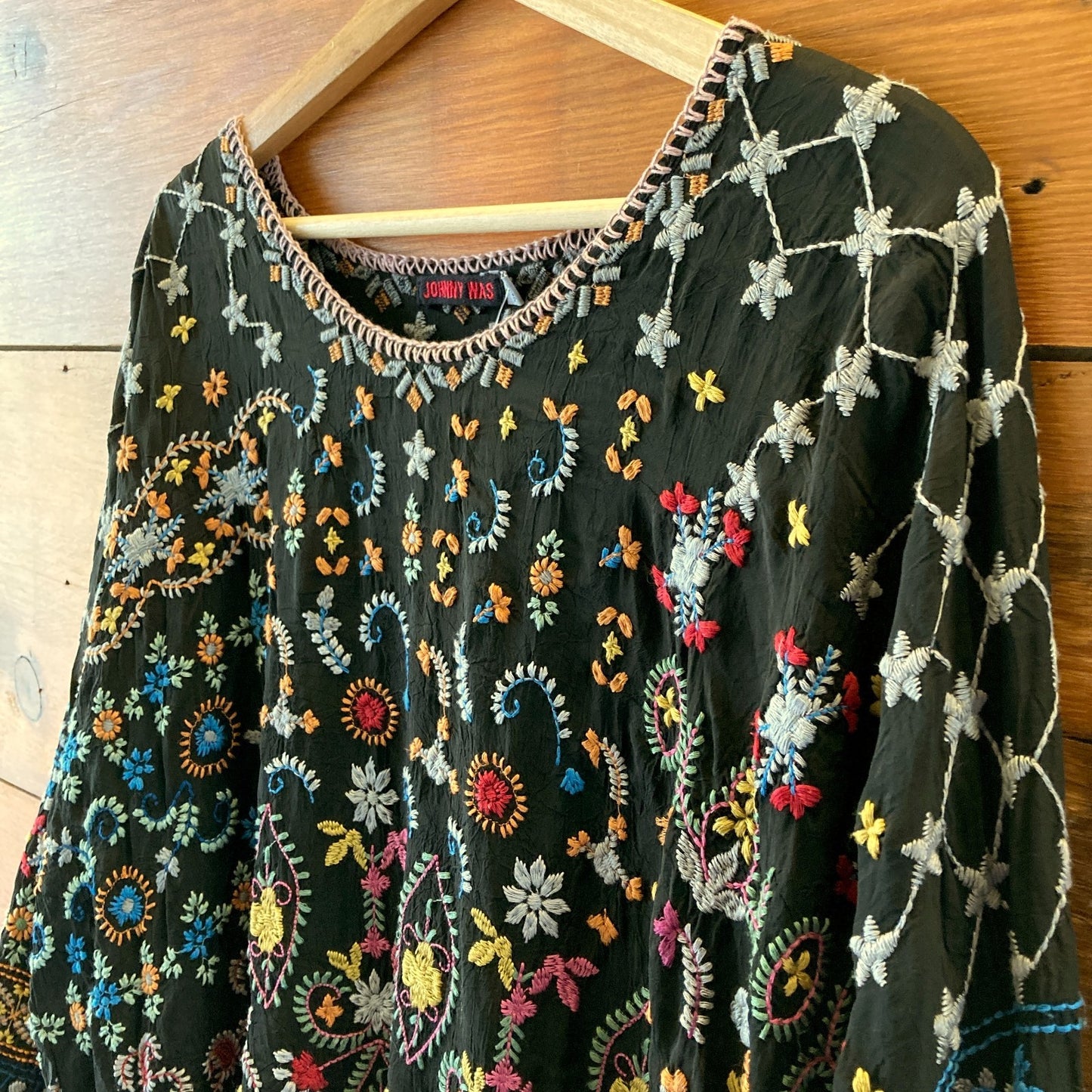 Johnny Was Black Embroidered Zora Stitchwork Tunic Blouse Top - Size L - 1209SH