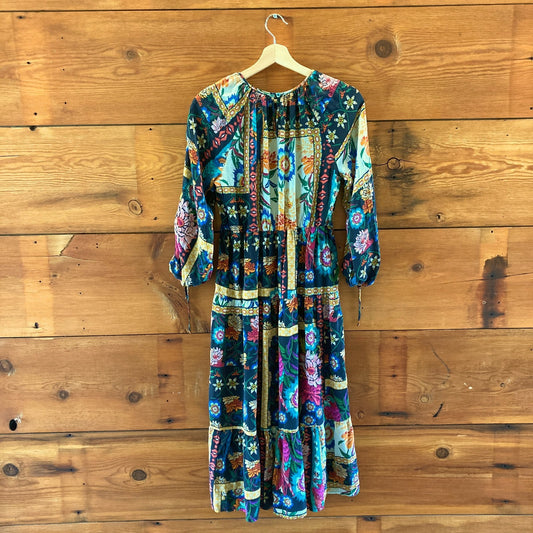 Johnny Was Floral Print Silk Brona Long Sleeve Midi Dress - Size S - 0514CP