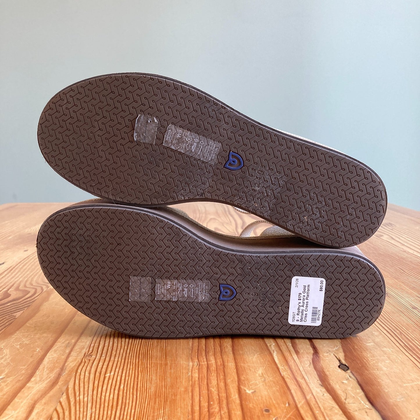 9 - Rothy's $179 Metallic Aurora Gold Criss Cross Platform Sandals NEW 1126GT