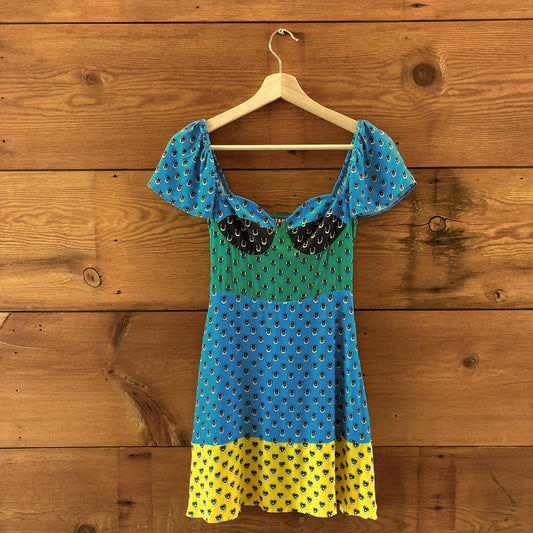 Staud Blue Green Yellow Colorblocked Print Gisele Mini Dress - Size 00 - 0313SH