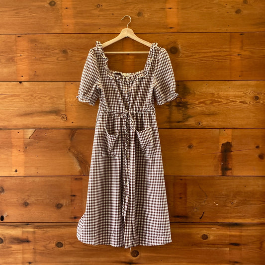 Atelette Brown Gingham ABIGHAILE Short Sleeve Button Up Dress - Size S - 0313SH