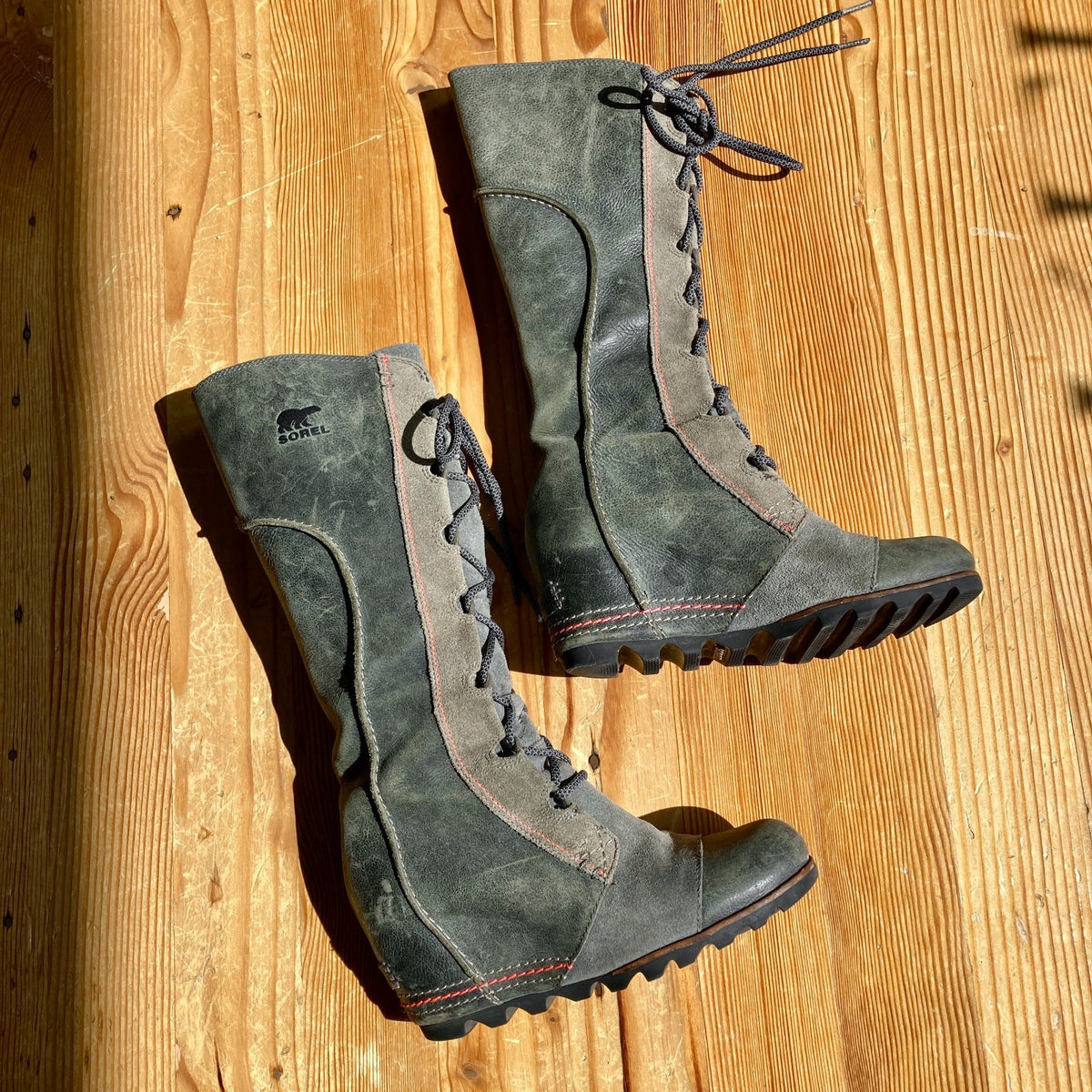 Sorel Gray Leather Joan Of Arctic Lace Up Wedge Tall Boots - Size 7 - 0224TP