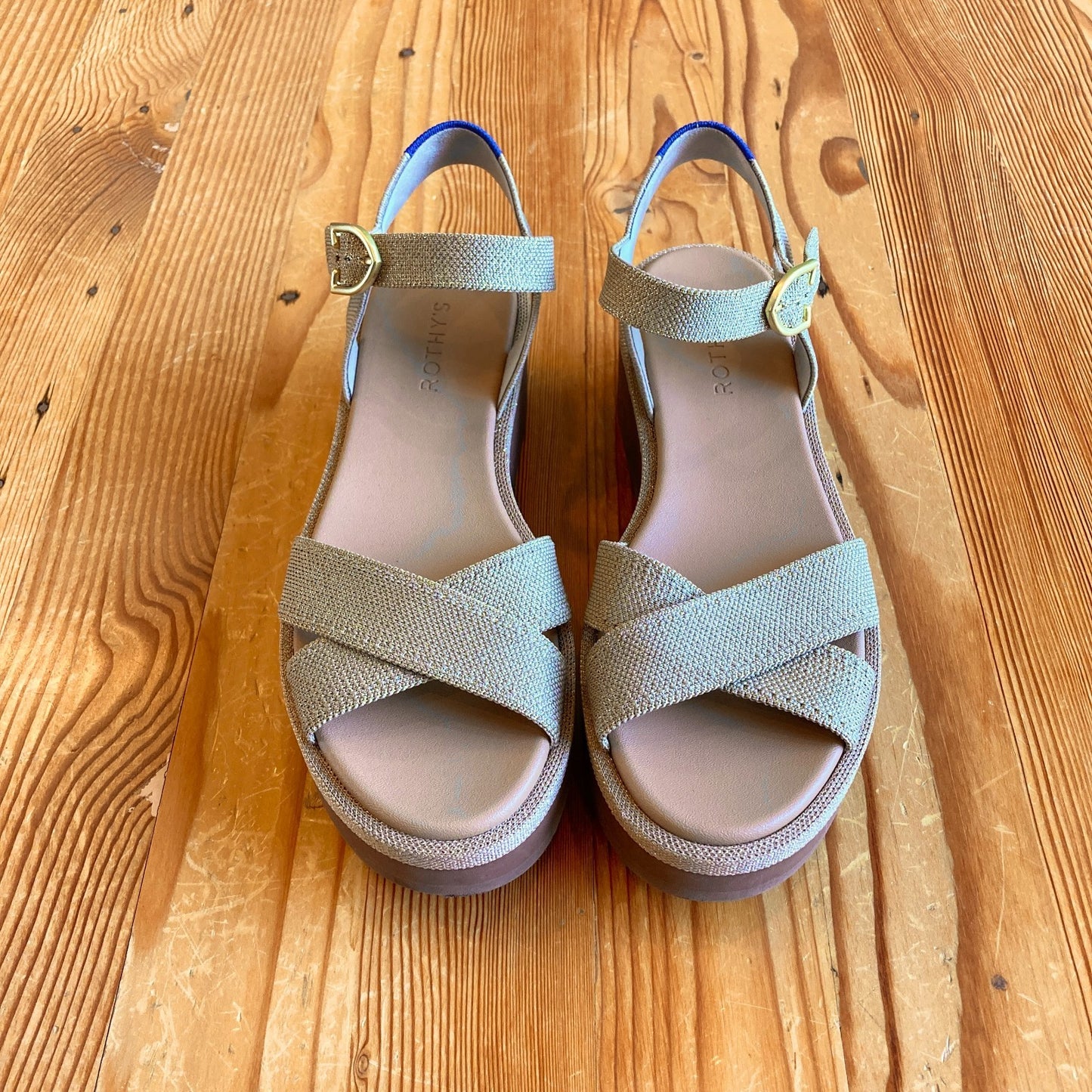 9 - Rothy's $179 Metallic Aurora Gold Criss Cross Platform Sandals NEW 1126GT