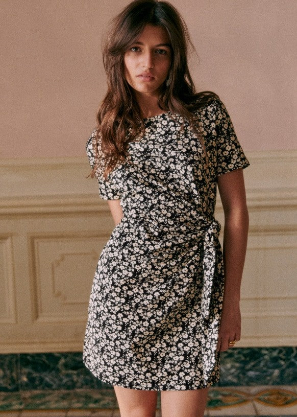 Sezane Black Cream Floral Print Hip Tie Pippa Mini Dress - Size XS - 0313SH