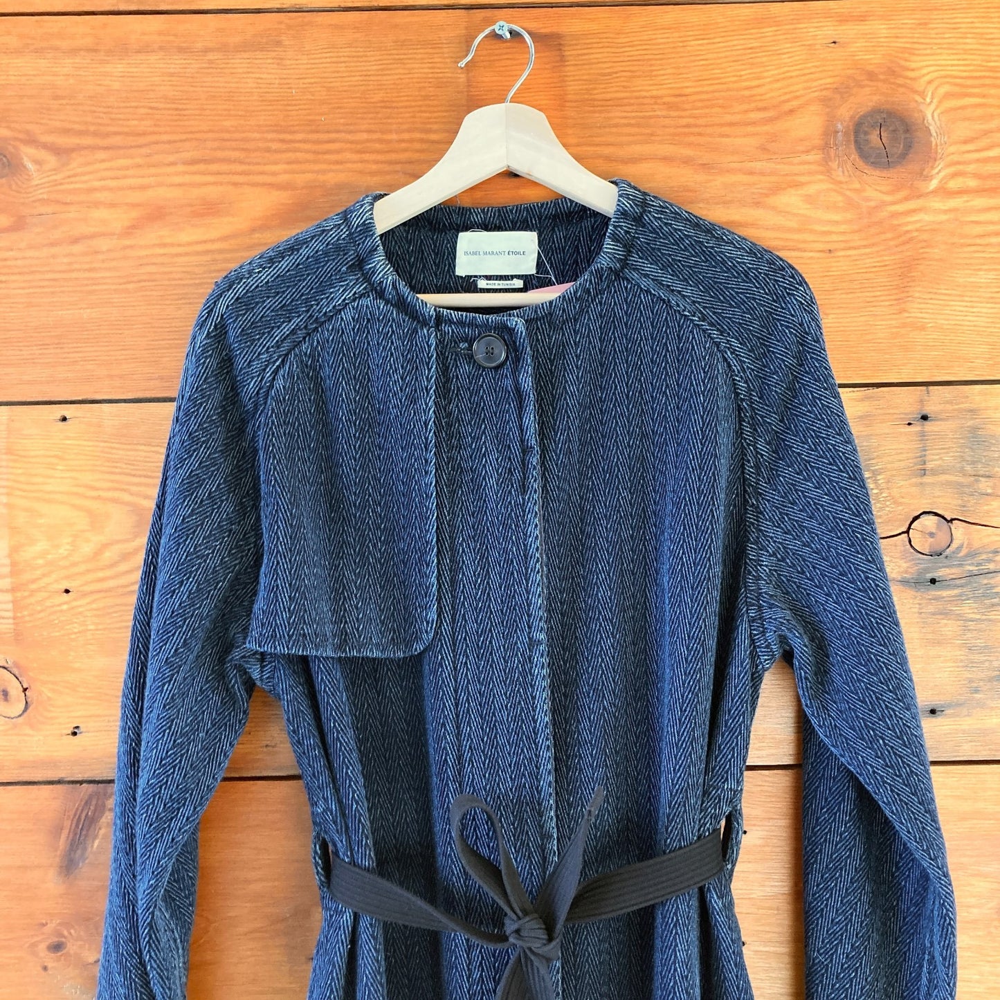 M - Isabel Marant Etoile Navy Herringbone Textured Tie Waist Long Jacket 0114RD
