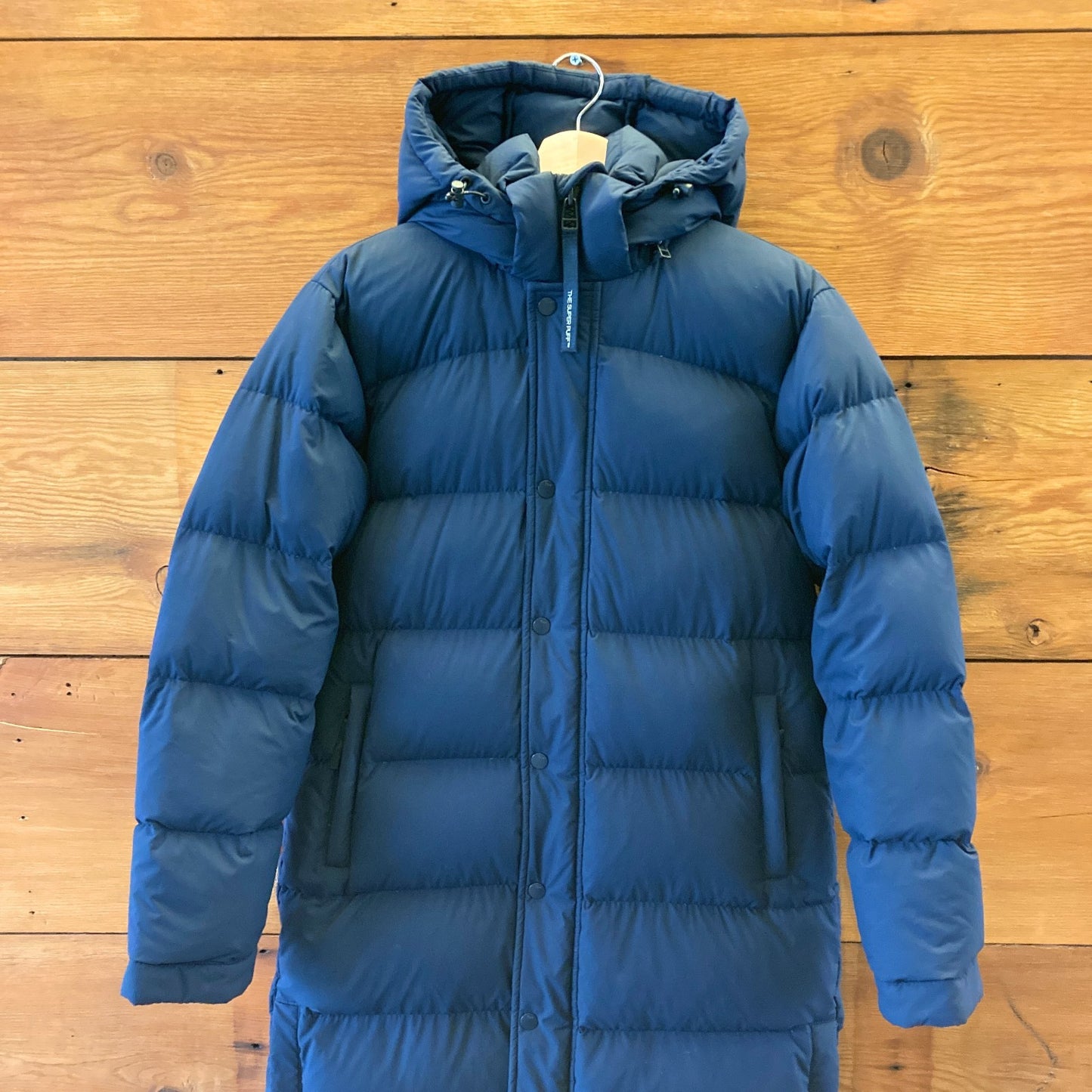 XS - TNA Aritzia Navy Blue Super Puff Long 700 Down Hooded Puffer Jacket 0518AF