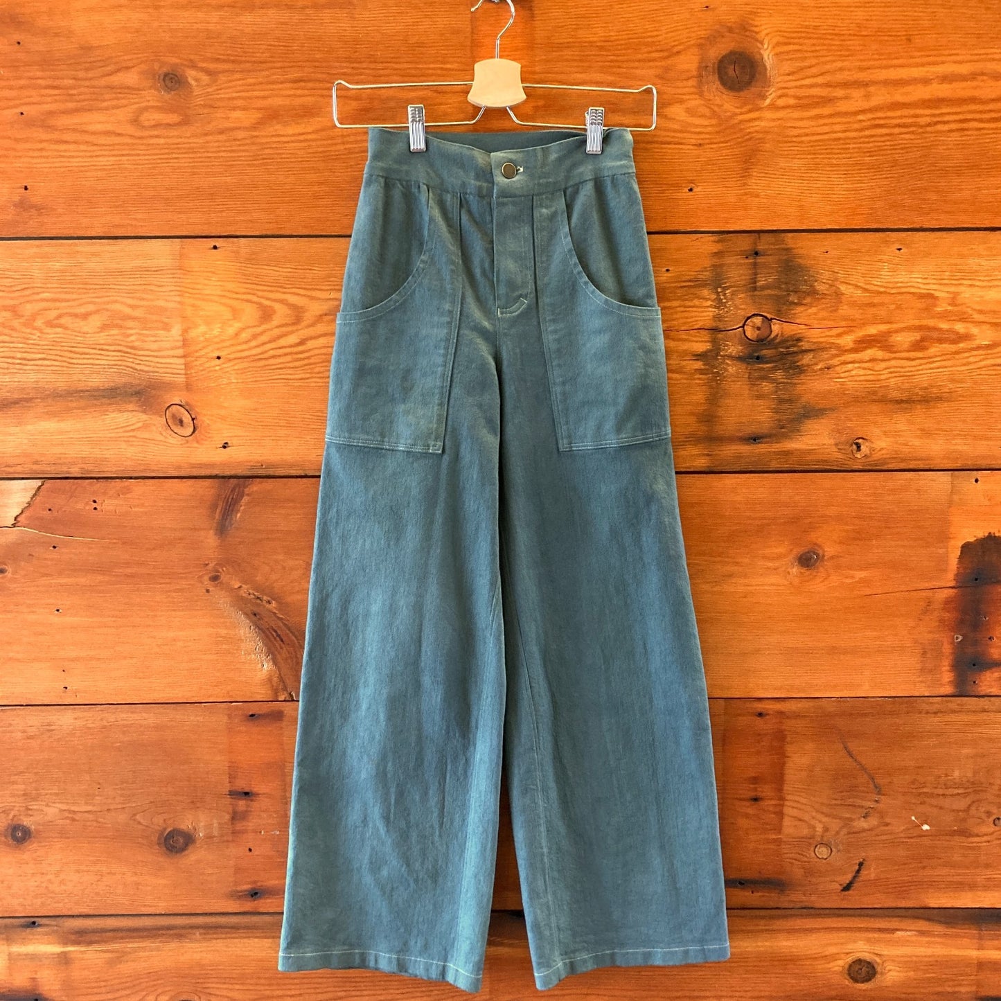 XS - Sara Bergman Green High Waist Wide Leg Patch Pocket Jeans 1203TR
