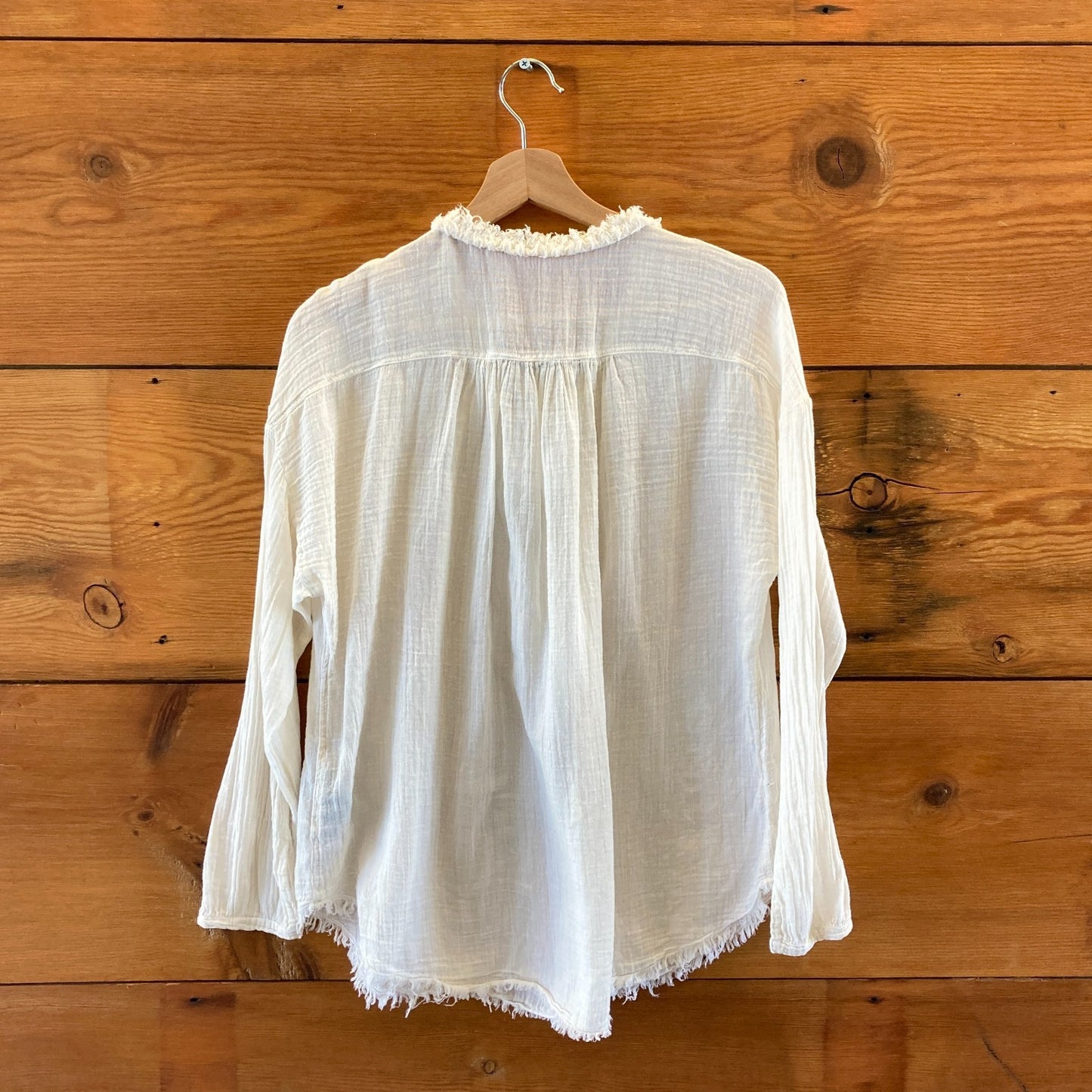 Raquel Allegra Ecru White Gauze Cotton Frayed Trim Top - Size 0 / XS - 4427SC