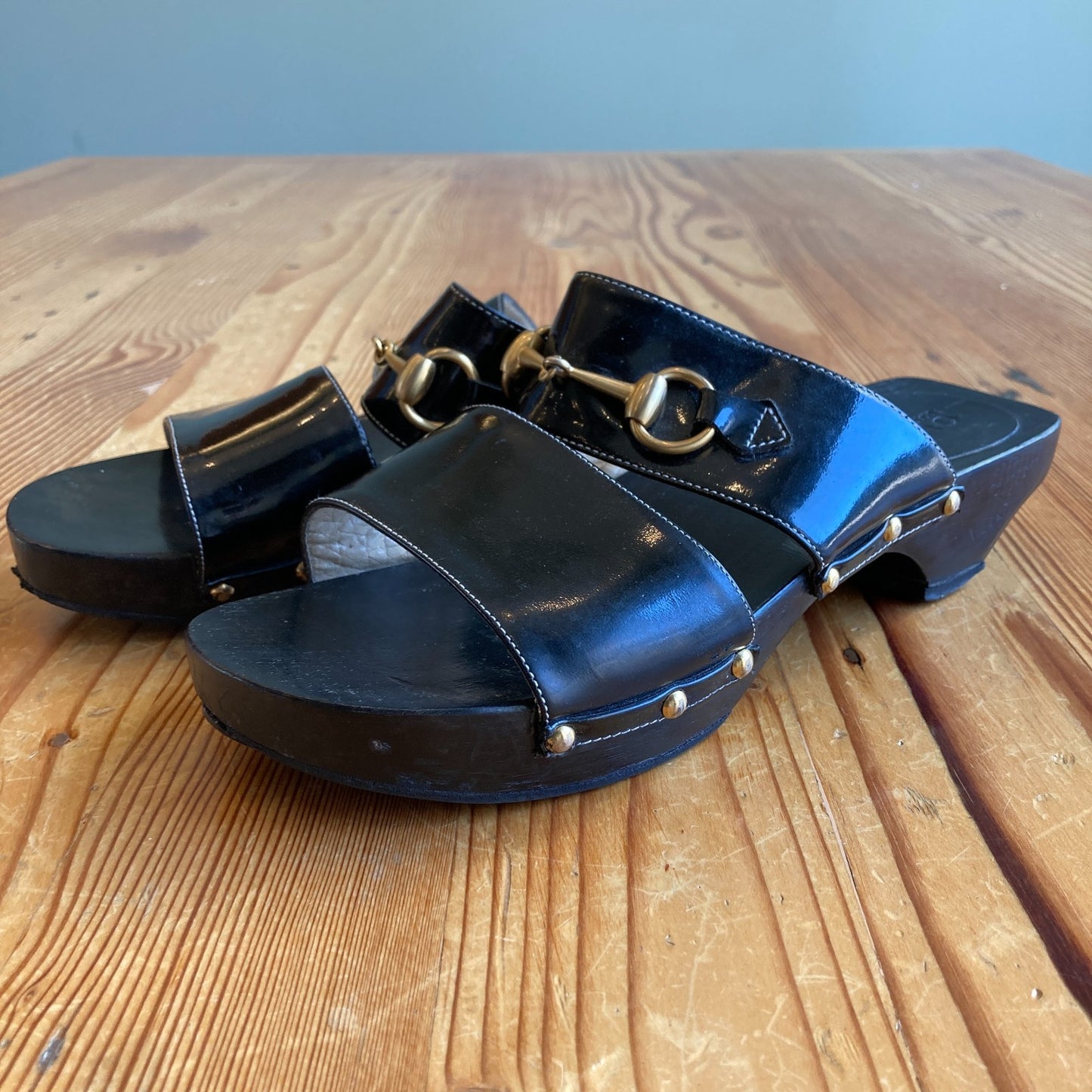 Gucci Black Leather Horsebit Platform Slide Sandals sandals - Size 8 - 1217RM