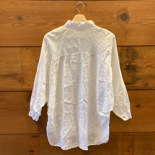 42 / L - 120% Lino White Linen Button Up Long Dolman Sleeve Shirt Top 0416JW