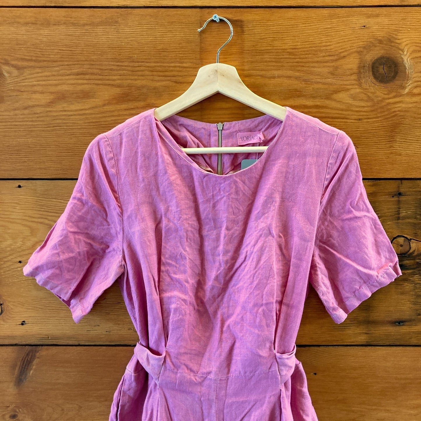 Voriagh Pink LInen Tie Front Short Sleeve Jumpsuit - Size M / L - 0617RF