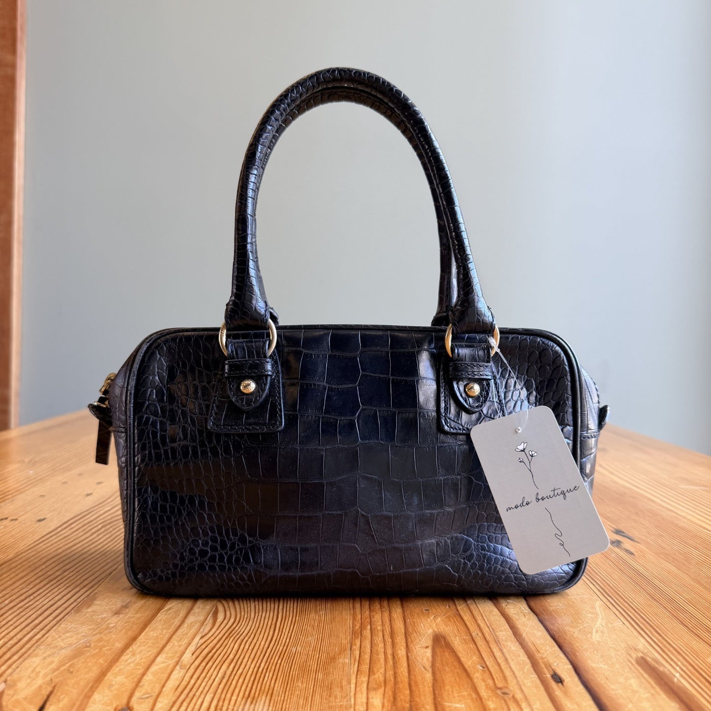 MaxMara Black Croc Embossed Vintage Leather Top Handle Zip Top Bag - 1022SW