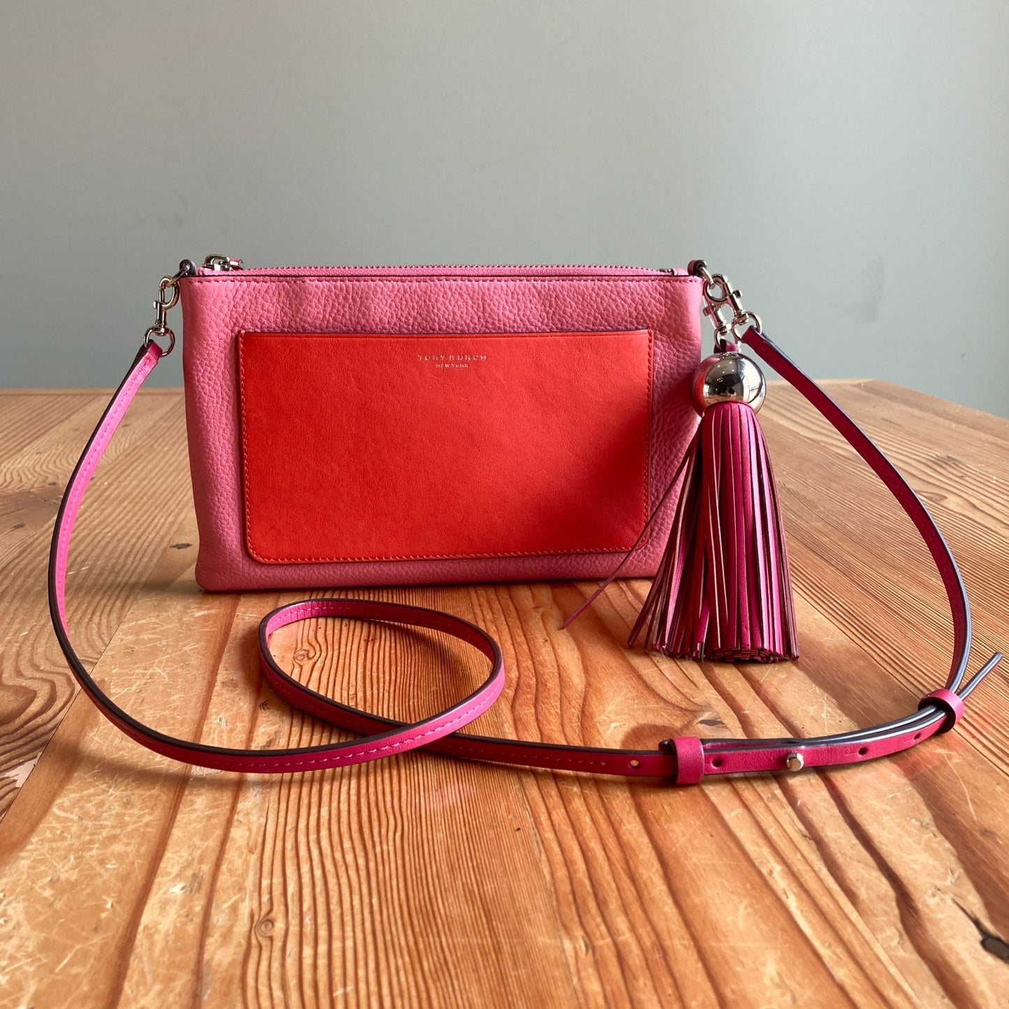 Tory Burch Pink Red Color-Block Leather Tassel Cross-Body Bag - 0521AB