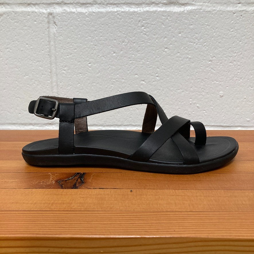 Olukai Black Strappy Leather Upena Womens Sandals NEW w/ Box - 0314GM