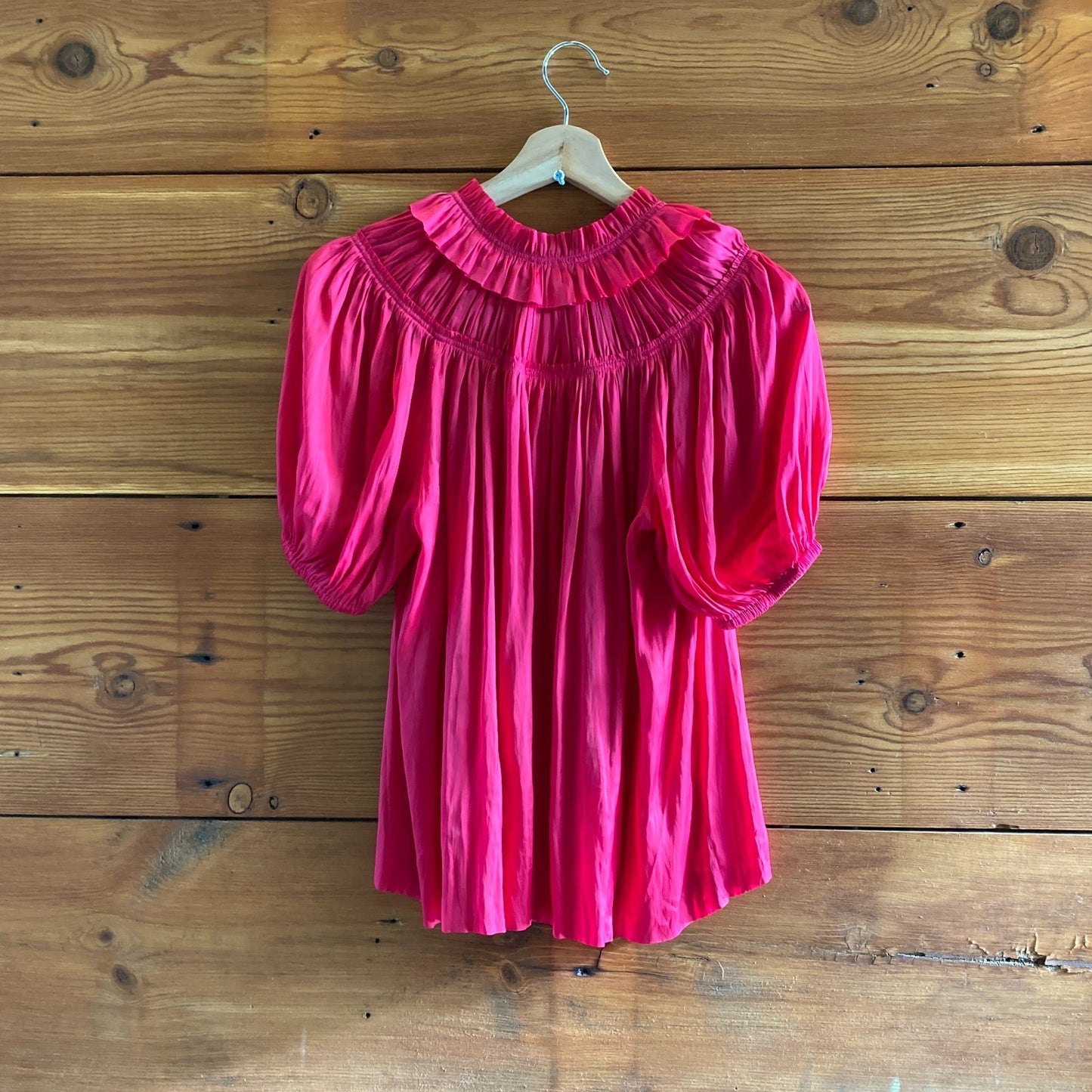 0 / XS - Ulla Johnson Pink Eleni Crushed Plisse Satin Short Sleeve Top 0410KB