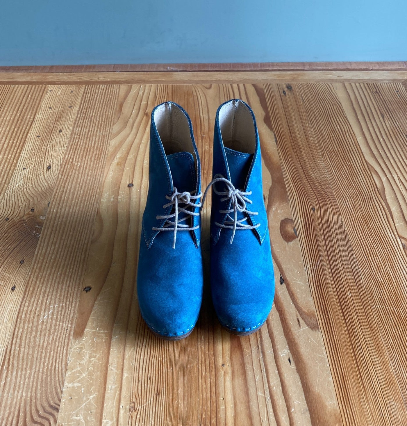 8 - Maguba Teal Leather Casablanca Wooden Wedge Boots Swedish Clogs 1120JM
