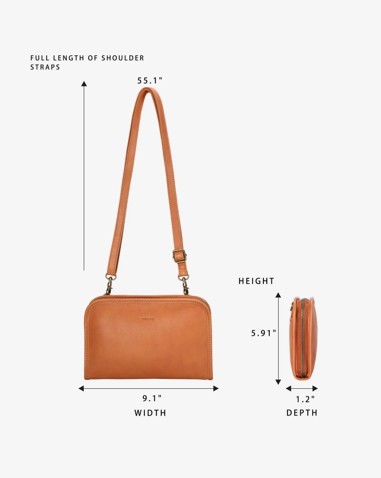 Minooy Caramel Brown Leather Travel Multi Pocket Crossbody Purse Bag 0211JO