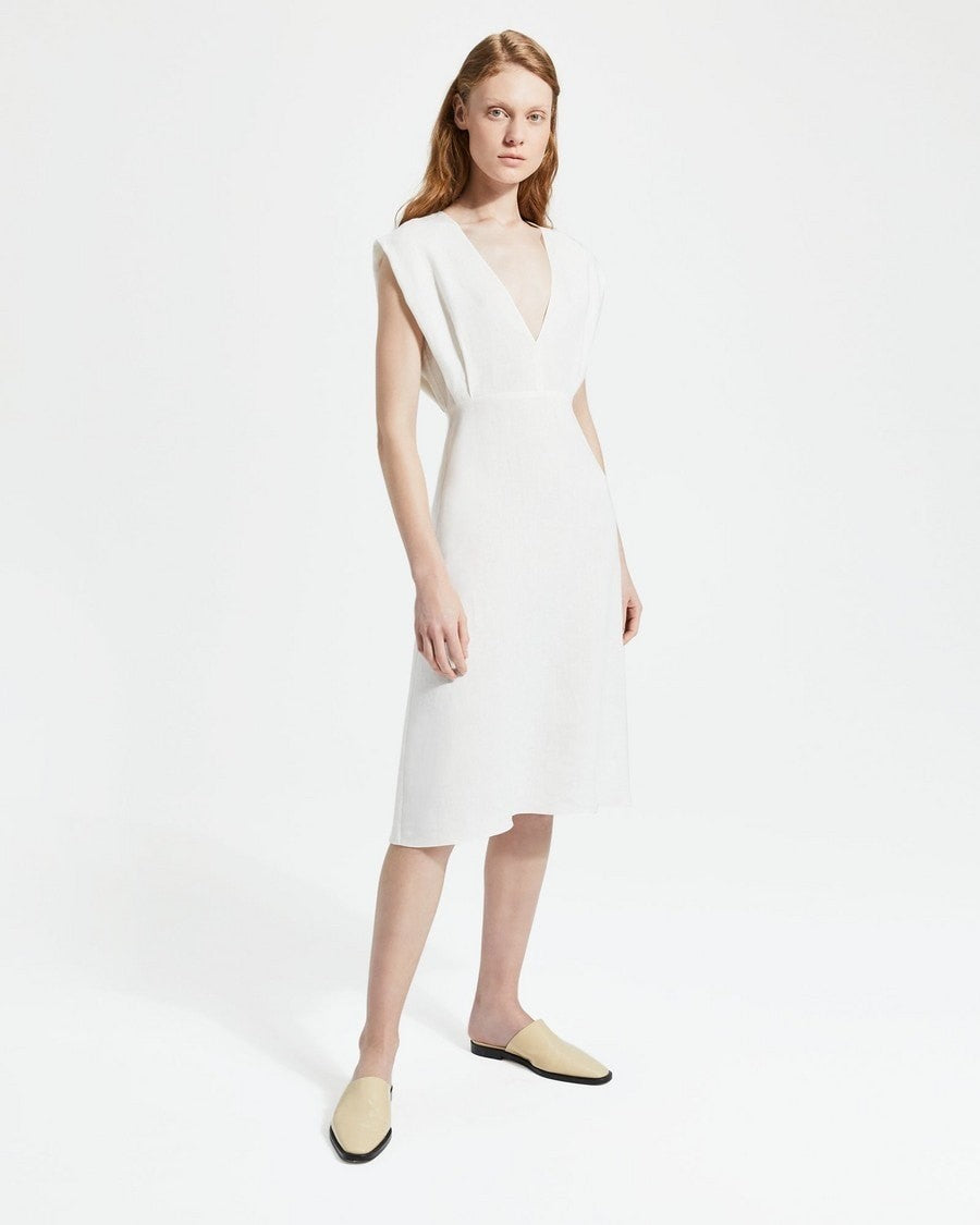 Theory White Stretch Cotton Deep V Easy Midi Length Dress - Size 6 - 0617RF