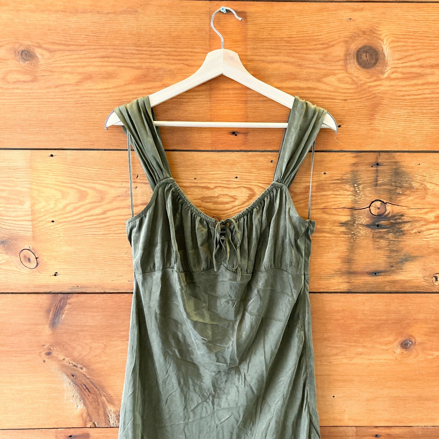 10 - Madewell $128 Olive Green Satin Square Neck Midi Length Dress NEW 0531AF
