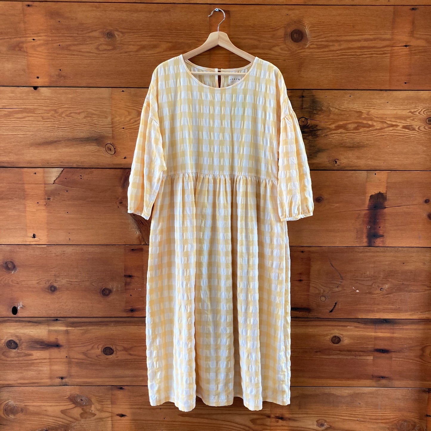L - Offon Yellow Gingham Plaid Seersucker Checks Perla Midi Length Dress 0826MT