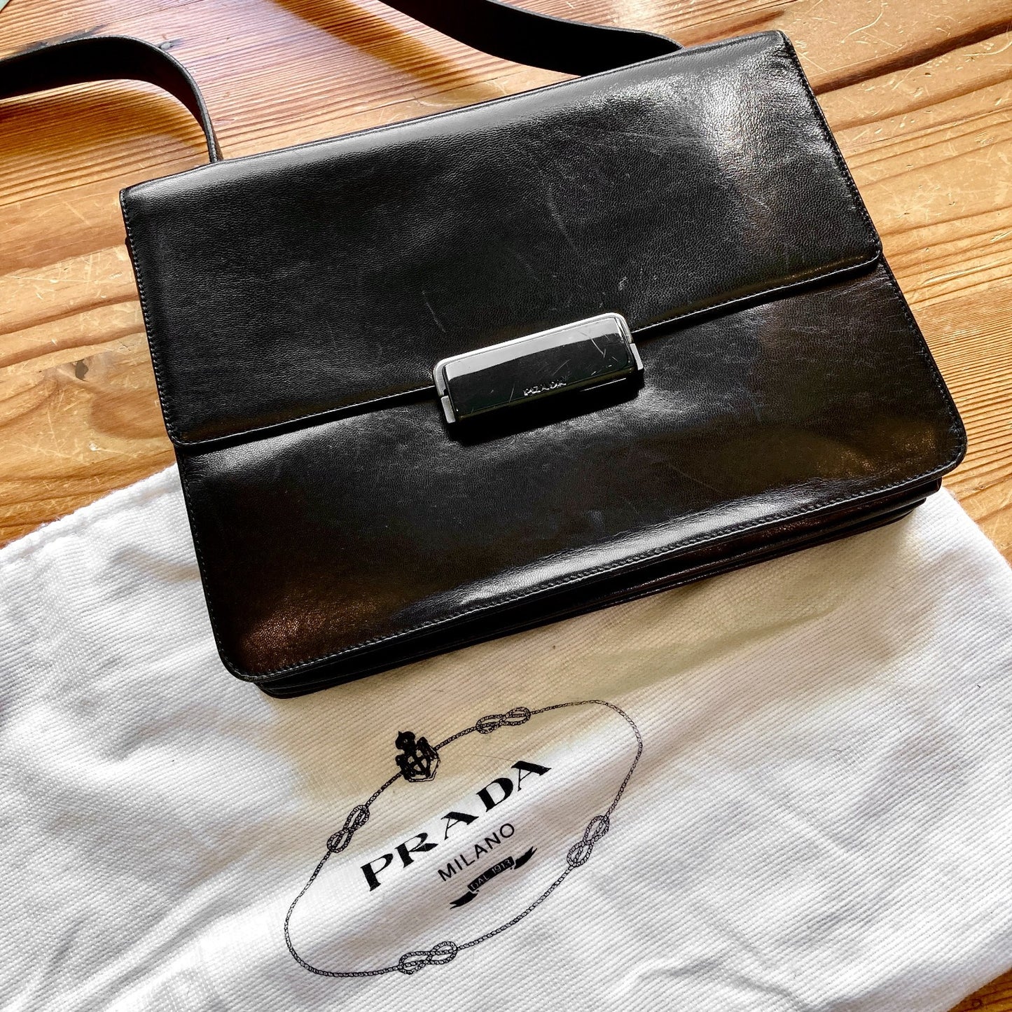 Prada Black Vintage 90s Vitello Leather Buckle Flap Shoulder Bag Purse - 0903KA