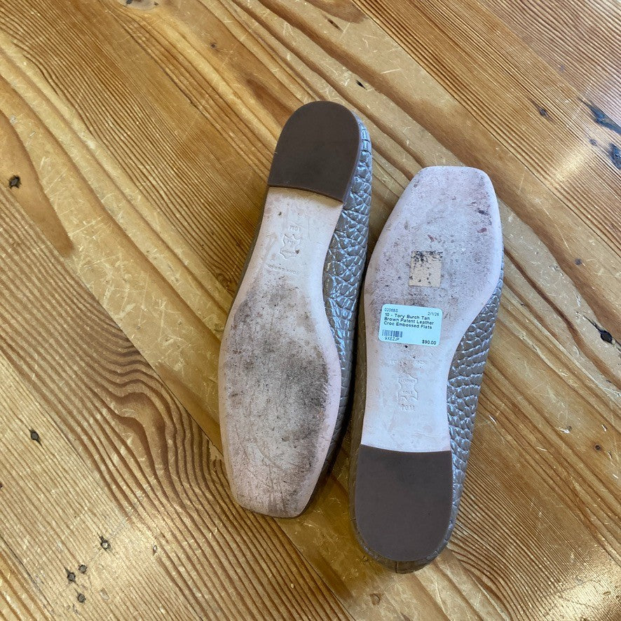 10 - Tory Burch Tan Brown Patent Leather Croc Embossed Flats Shoes 0206BS