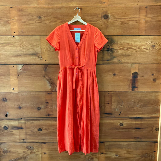 Liz Allig Poppy Red Orange Linen Midi Button Up Dress - Size S - 0607MK