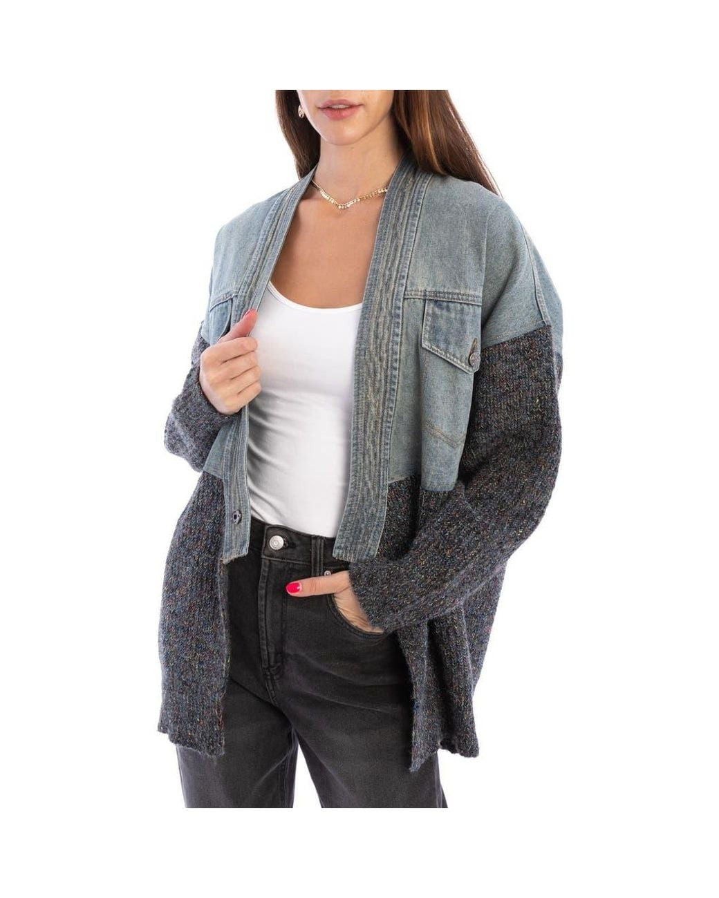 SAACHI Denim Grey Combo Open Front Unique Jacket - One Size - 0428KS