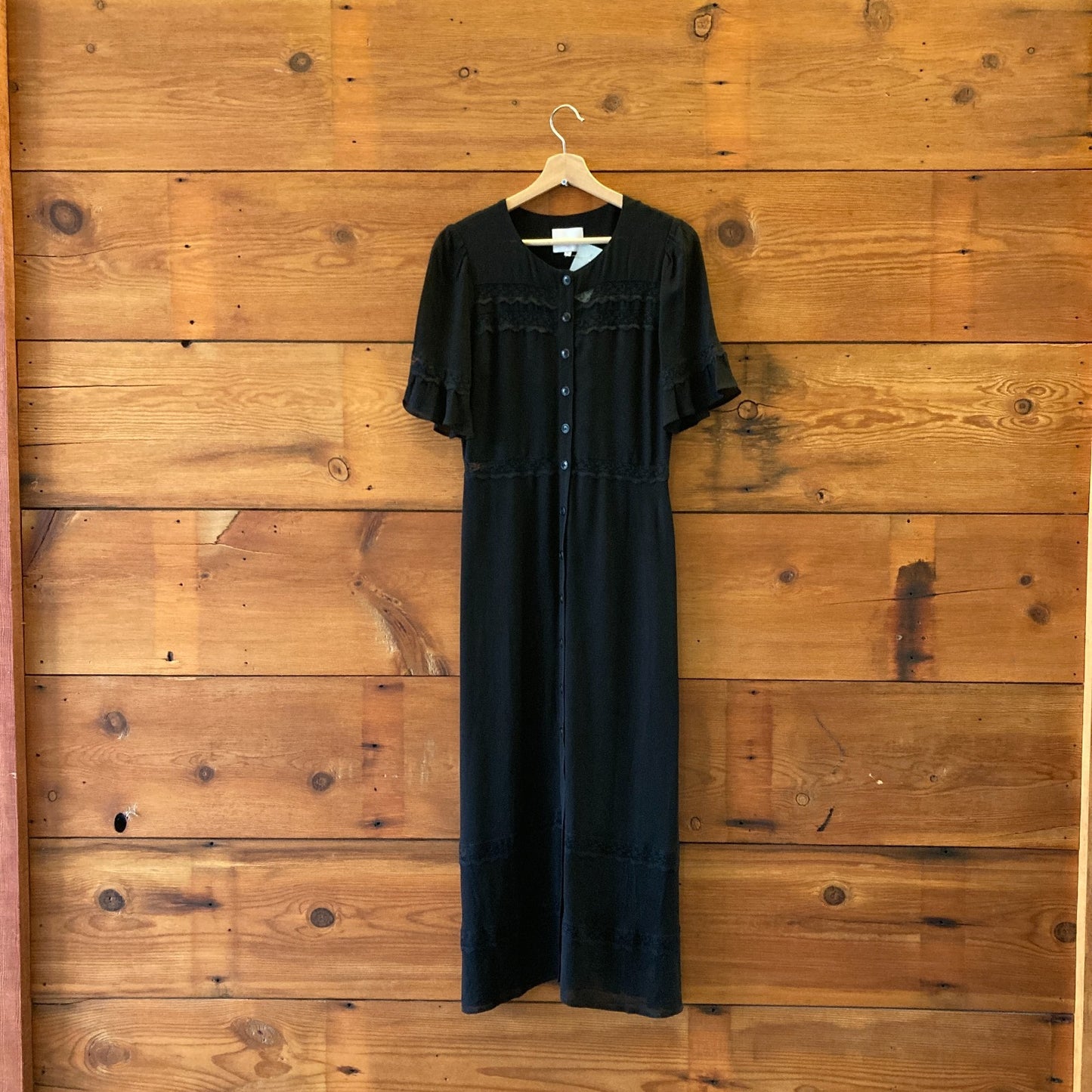 Reformation Black Crepe Lace Trim Short Sleeve Midi Dress - Size 8 - 0325MP