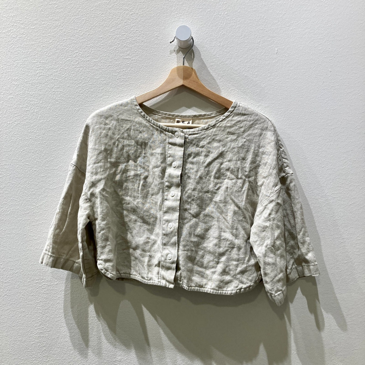 Beaton Light Green Linen Button Front Short Sleeve Crop Top - Size XS - 0312IG
