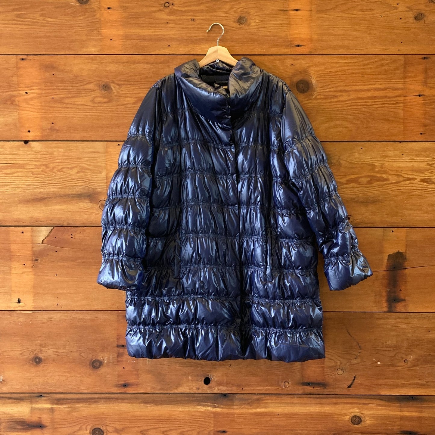 XL - Eileen Fisher $498 Midnight Blue Quilted Ruched Puffer Jacket Coat 0217RC