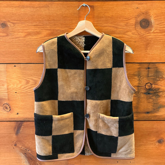 Cawley Black & Tan Checkered Shearling Reversible Ella Vest - Size XXS - 0312IG