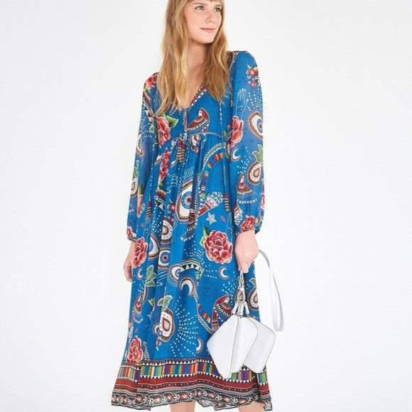 Farm Rio Anthropologie Mystic Blue Midi Length Dress - Size S - 0813CG