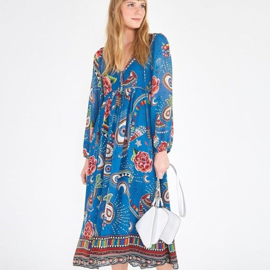 Farm Rio Anthropologie Mystic Blue Midi Length Dress - Size S - 0813CG