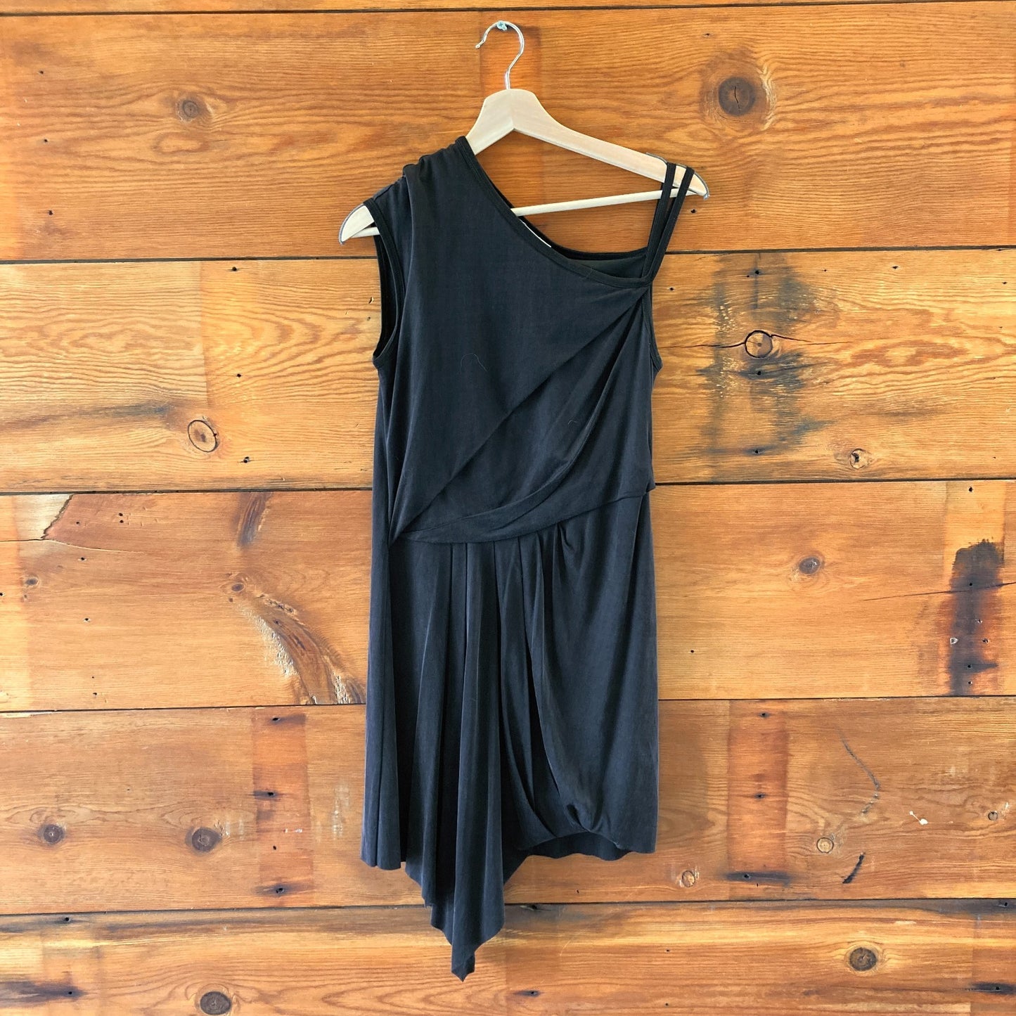 Helmut Lang Black Asymmetrical Draped Layered Cupro Silk Dress - Size S - 0428KS
