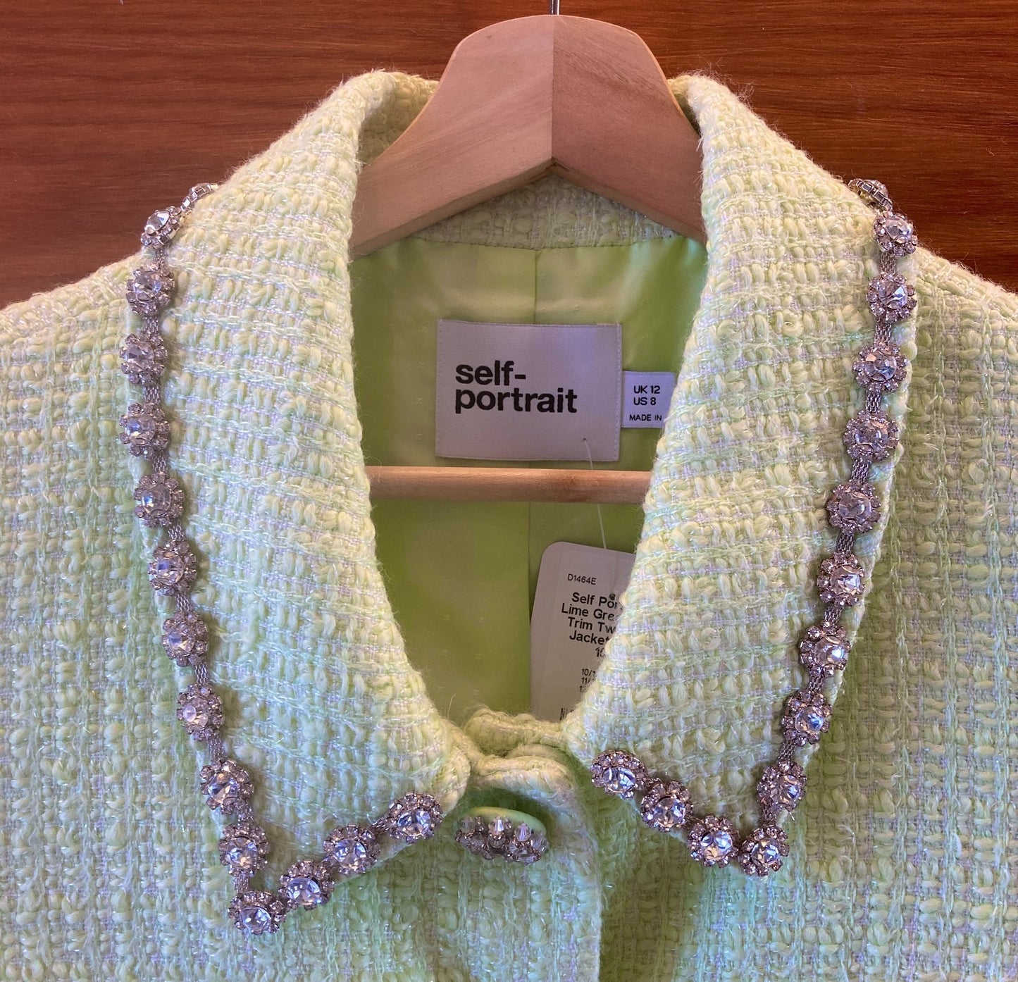Self Portrait Pale Lime Green Crystal-Trim Tweed Crop Jacket - Size 8 - 1016LD