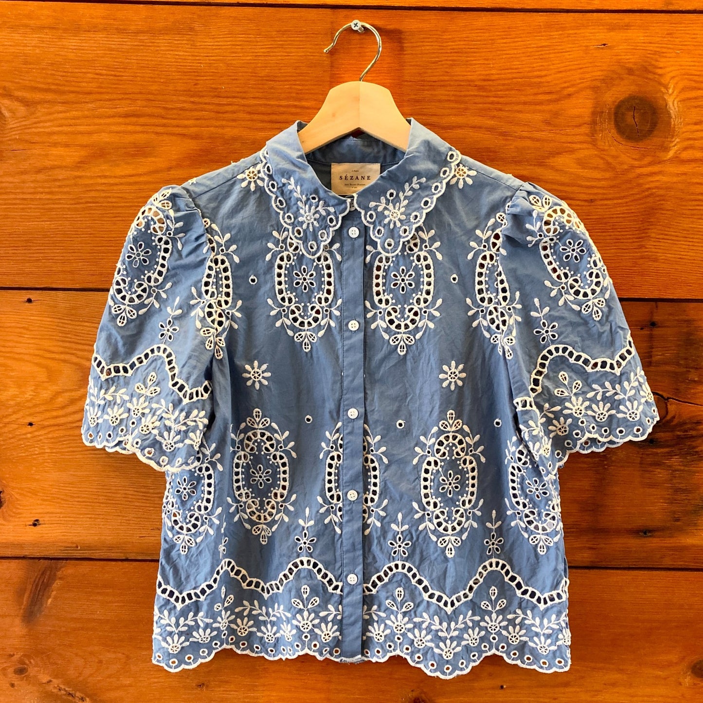 34 / XS - Sezane Blue White Eyelet Embroidery Short Sleeve Elvira Top 0717SM