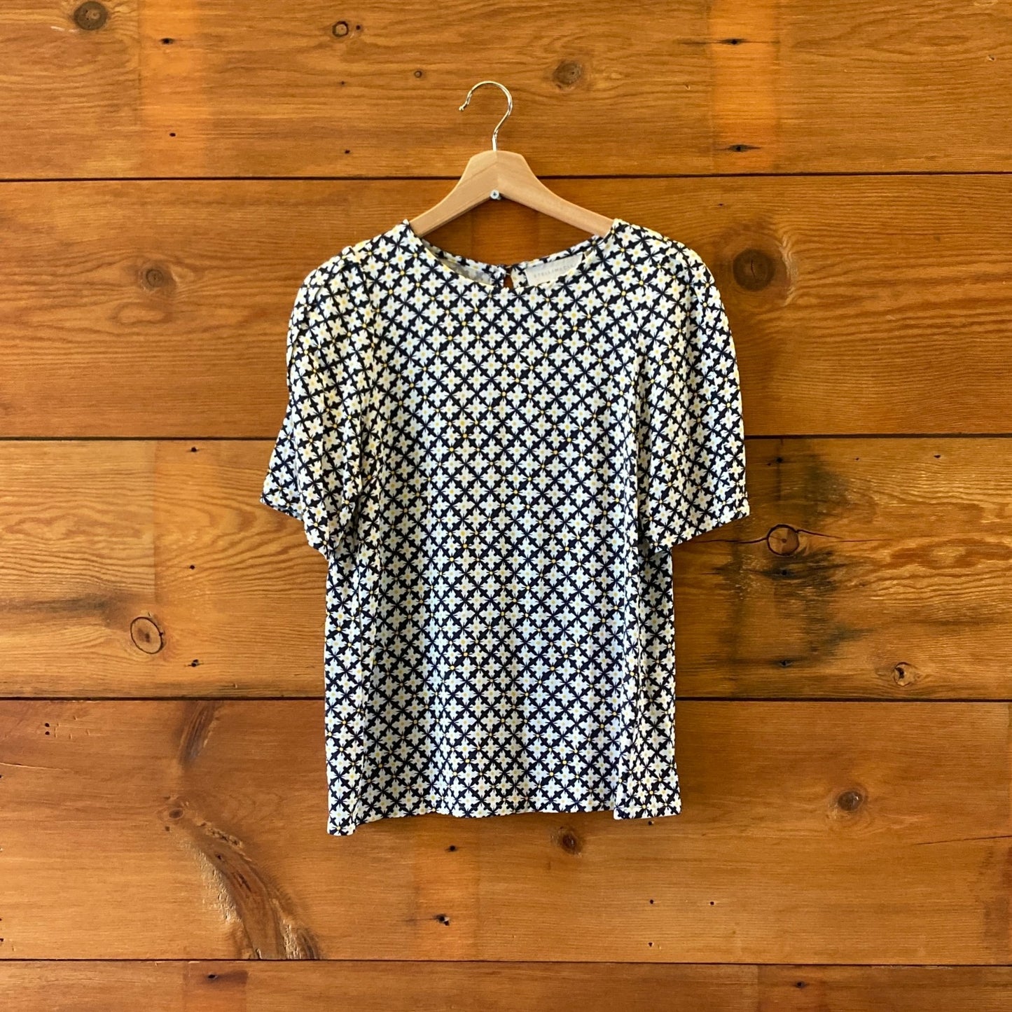 38 / M - Stella McCartney Navy White Yellow Print Short Sleeve Shirt 0508DK