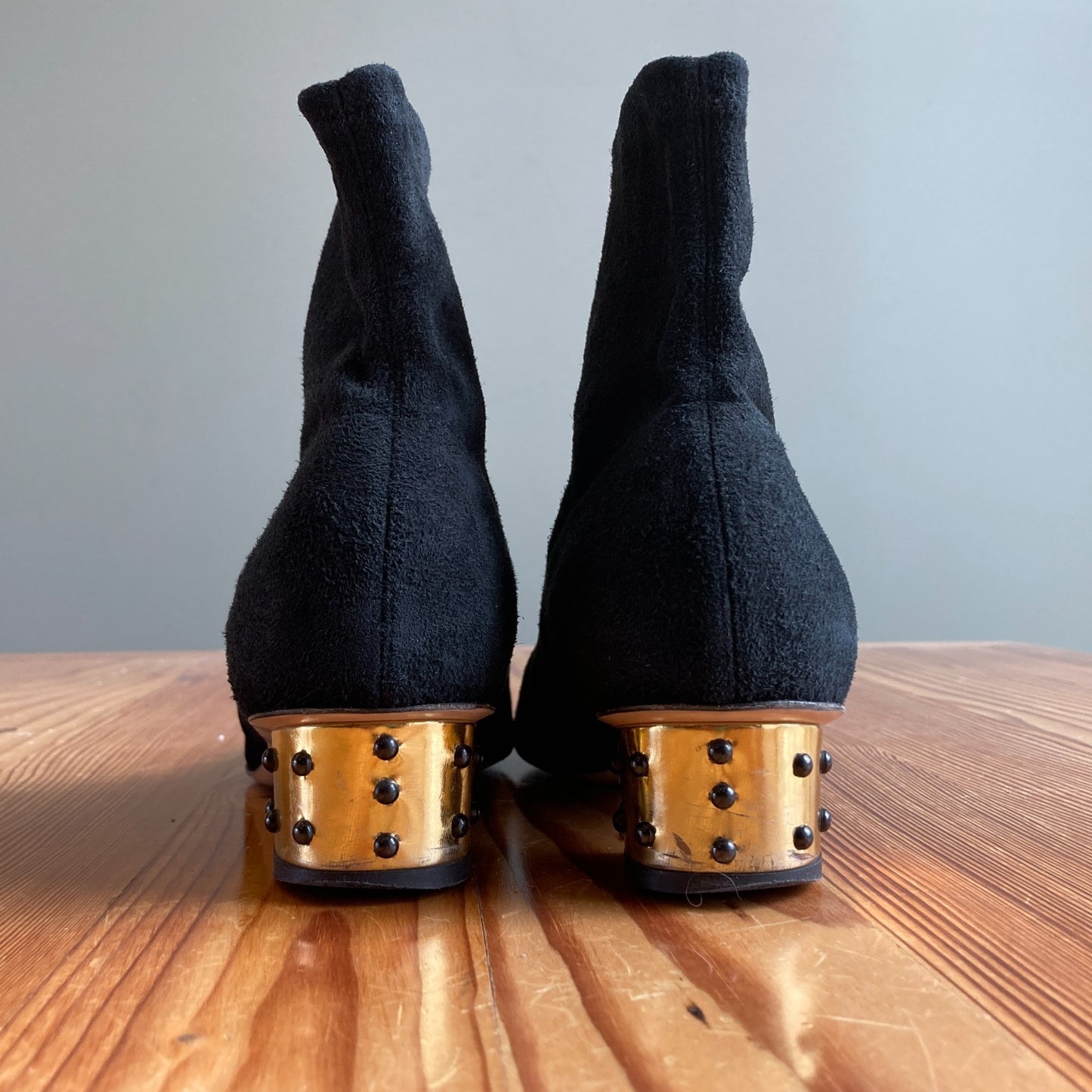 38.5 / 8.5 - Charlotte Olympia Black Stretch Studded Gold Heel Boots 0508DK