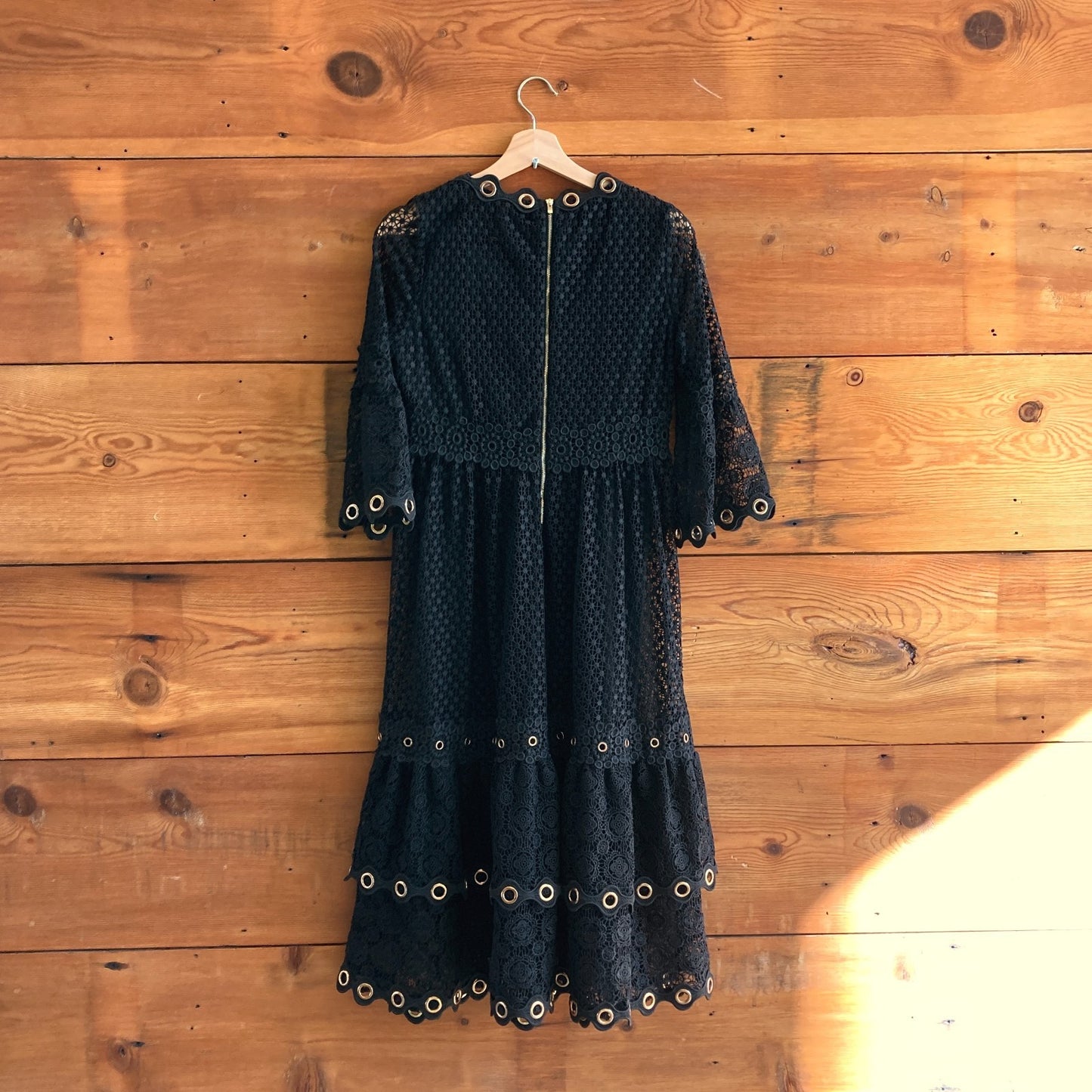 3 / L - Maje Black Lace Roso Tiered Eyelet-Embellished Guipure Dress 0916VB